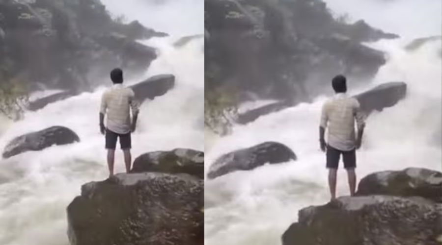 Standing on a rock in the waterfall, the young man was making a reel; Then the foot slipped and a terrible thing happened; You will be shocked after watching the video